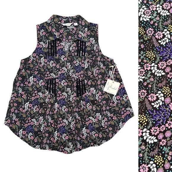 NWT Caffe Marrakech Size M Floral Print Button Front Sleeveless Collar Blouse - Picture 1 of 11